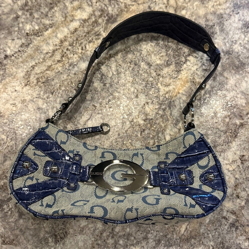 Y2K Guess Baguette Shoulder Bag Monogram Blue Grey Croc Embossed Silver G Buckle